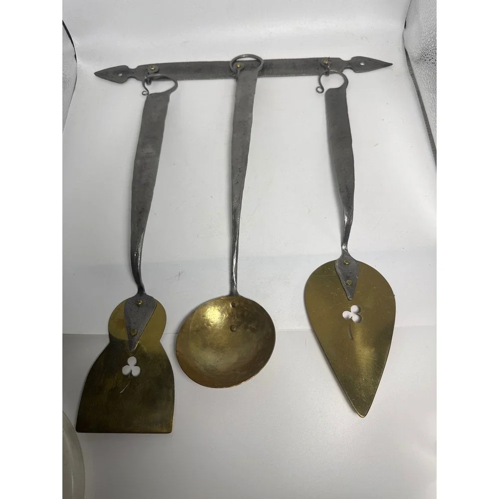 Plummer Hand Forged Iron Brass Kitchen Utensil Set 4pc Ladle Spatula Server Rack